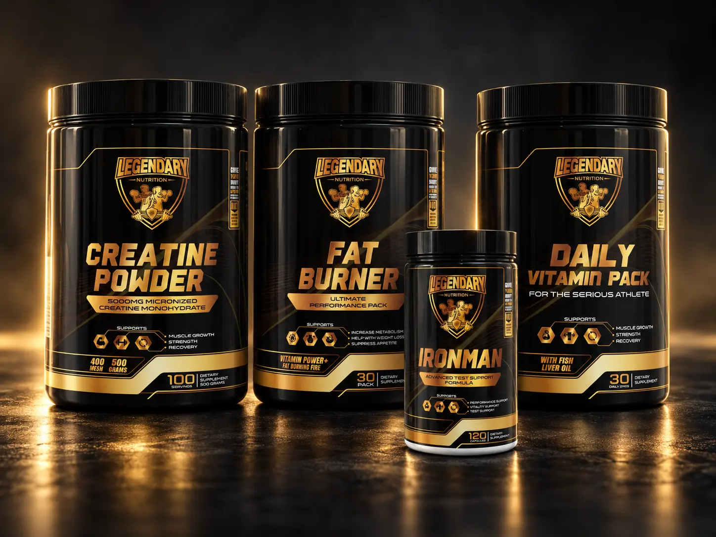 Legendary Nutrition Black Edition collection featuring Creatine, Fat Burner, Daily Vitamin Pack and IronMan