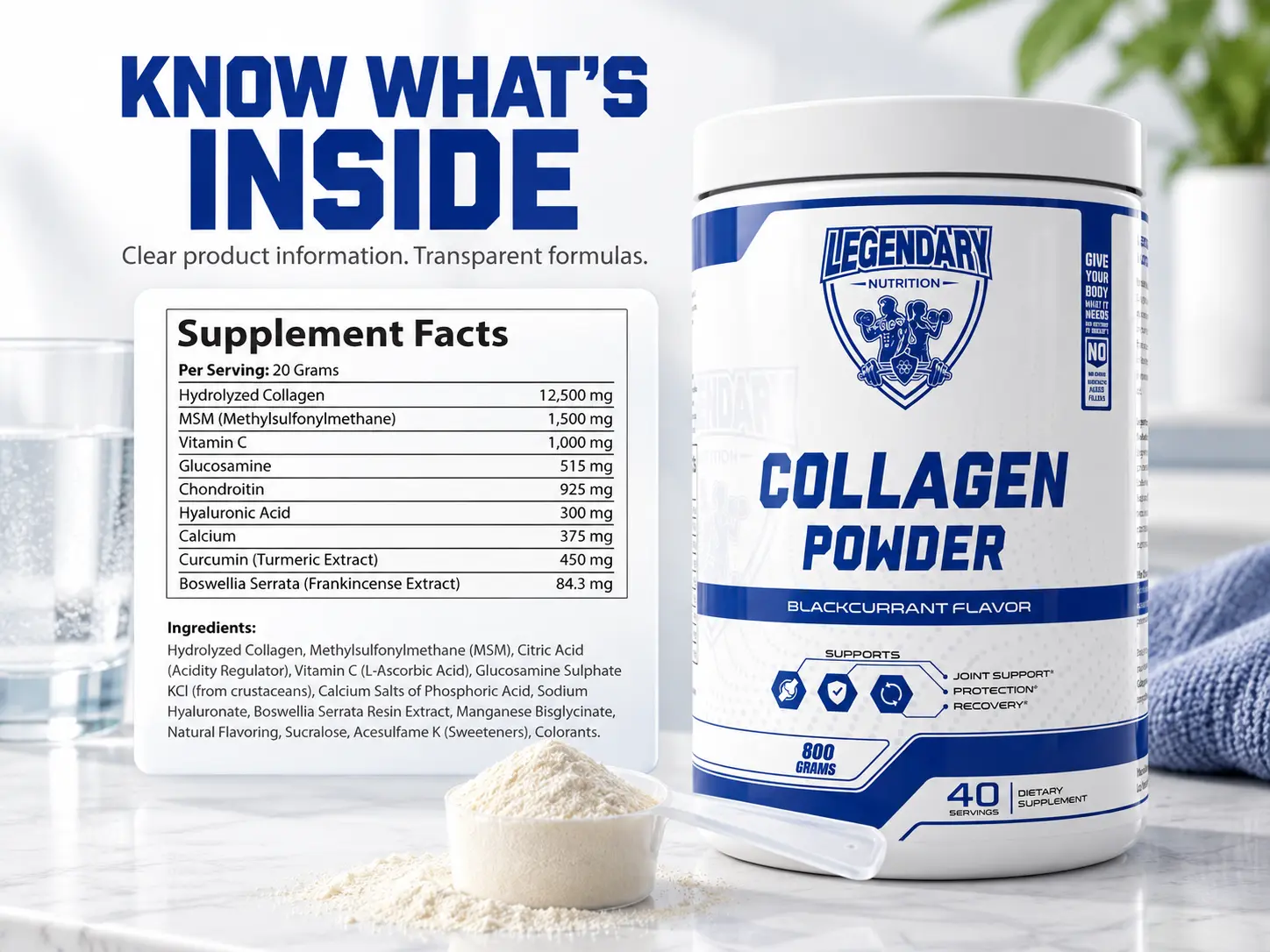 Legendary Nutrition Collagen Powder with detailed Supplement Facts and ingredient information