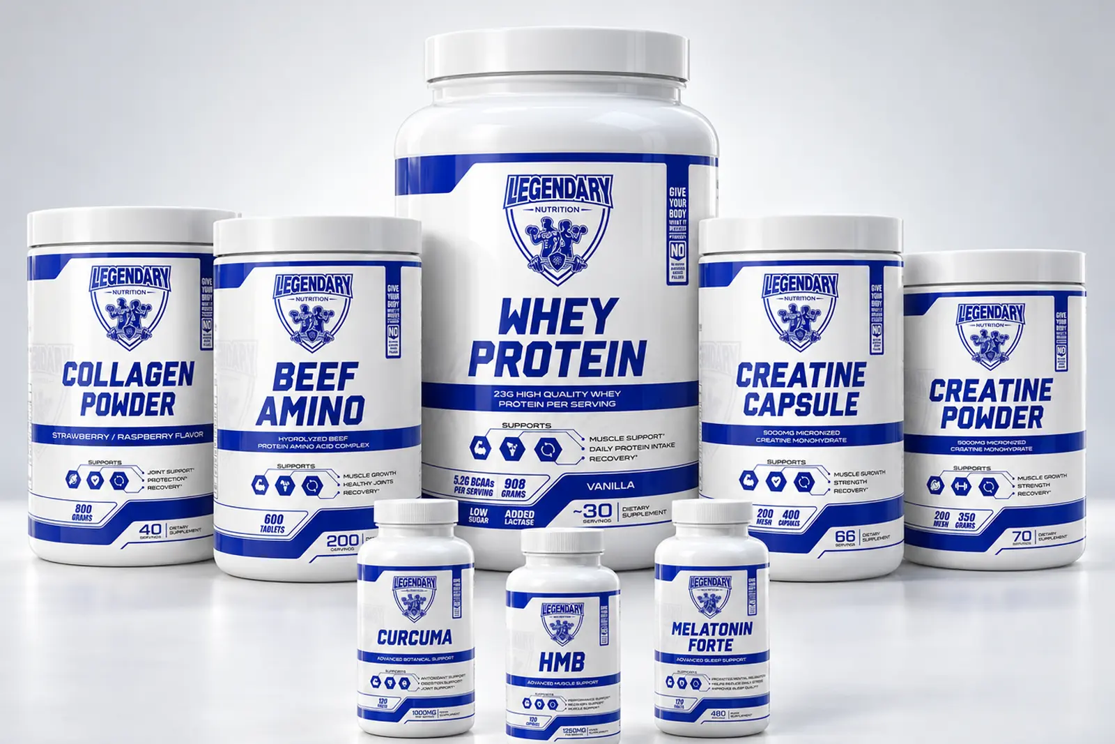 Legendary Nutrition Main Line collection featuring whey protein, collagen, creatine, amino acids, electrolytes and daily supplements